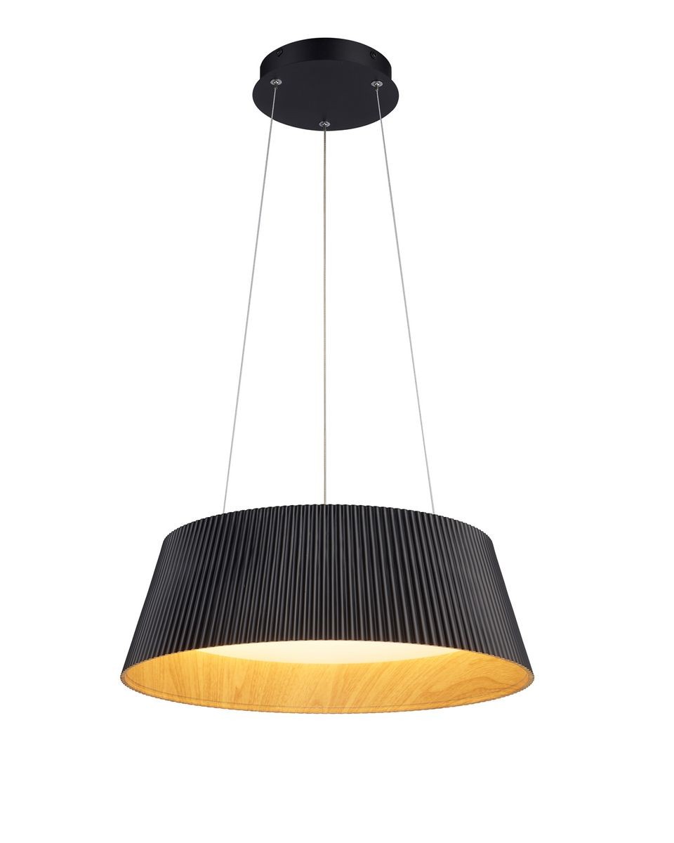 Lampa wisząca LED Frill 21W 3000K w kolorze czarnym. Okrągły klosz z pofalowanej powierzchni, z jasnym wnętrzem imitującym drewno. Zawieszona na cienkich linkach, montowana pod sufitem. Prosty, nowoczesny design.