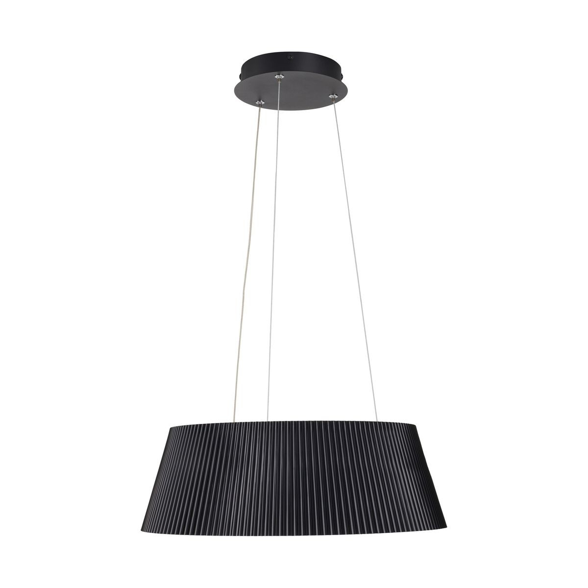 Lampa wisząca LED Frill 21W 3000K w kolorze czarnym, z cylindrycznym kloszem o pionowych żłobieniach. Zawieszona na dwóch linkach, montowana do sufitu, idealna do nowoczesnych wnętrz.
