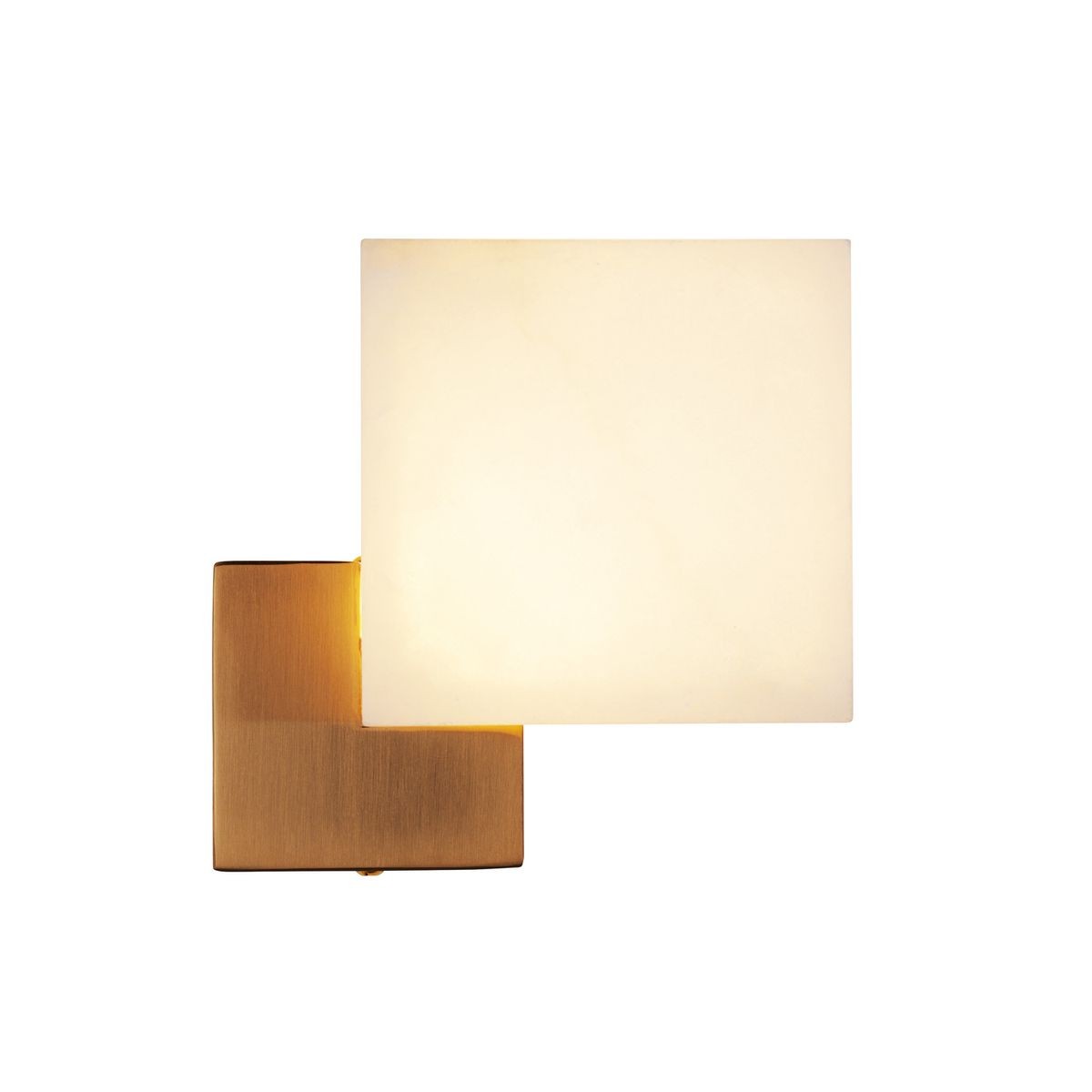 Kinkiet LED Cubo 3W 3000K w złotym wykończeniu, z prostokątnym, matowym kloszem w białym kolorze. Produkt zamontowany na ścianie, z lekko widocznym metalowym mocowaniem. Idealny do nowoczesnych wnętrz.