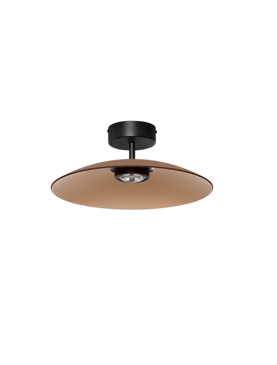 Czarna lampa sufitowa Peca z brązowym, okrągłym kloszem wykonanym z metalu, z zamontowanym źródłem LED 12W. Produkt widoczny z dołu, w zawieszeniu, idealny do nowoczesnych wnętrz.