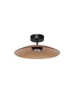 Czarna lampa sufitowa Peca z brązowym, okrągłym kloszem wykonanym z metalu, z zamontowanym źródłem LED 12W. Produkt widoczny z dołu, w zawieszeniu, idealny do nowoczesnych wnętrz.