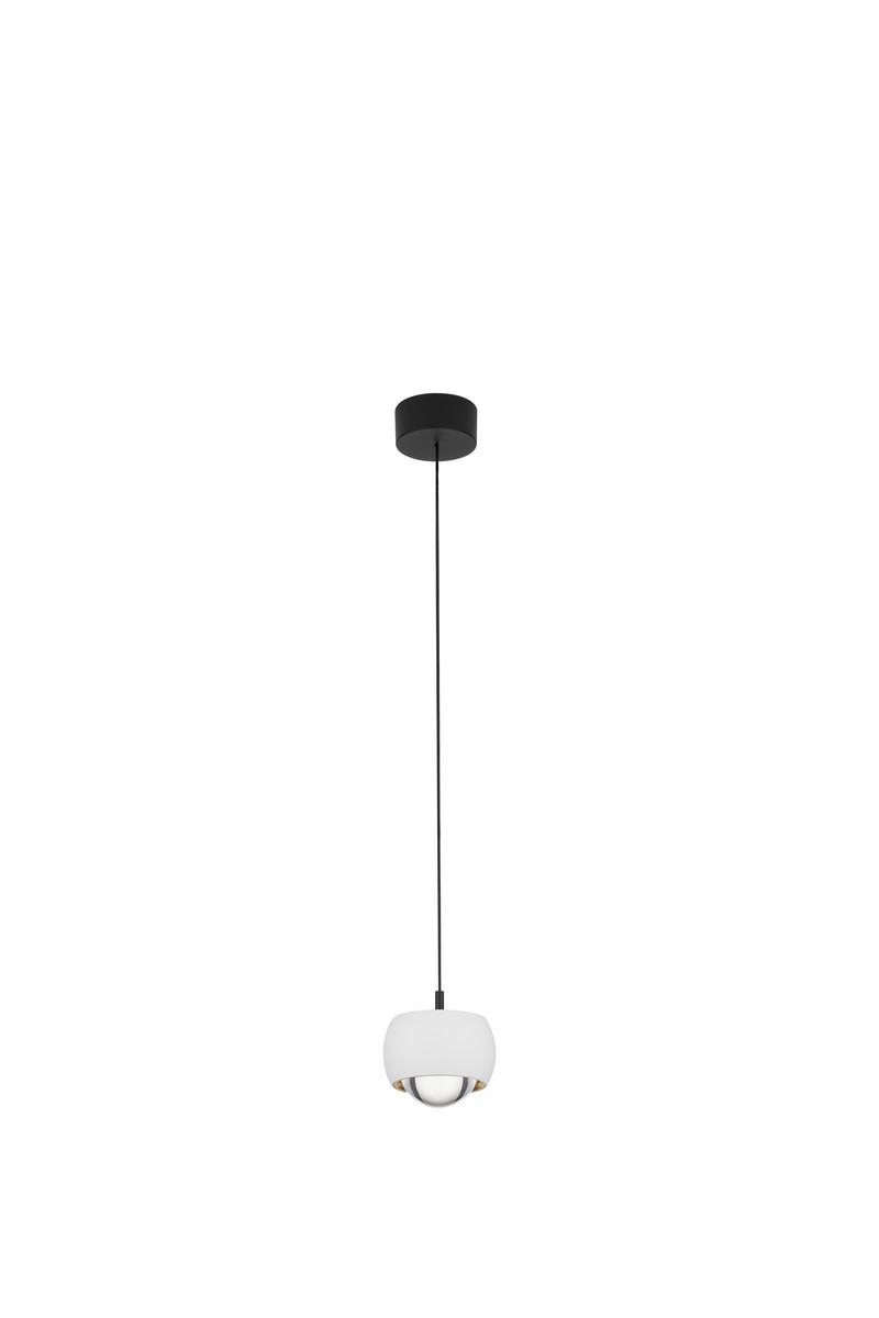 Lima lampa wisząca 1xLED 13W w kolorze białym, o okrągłym kształcie, zawieszona na czarnym przewodzie. Górna część lampy ma matowe wykończenie, a dolna jest przeszklona, co tworzy efektowne oświetlenie. Montaż sufitowy.