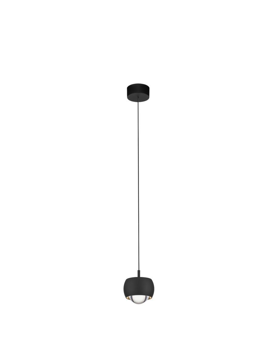 Lampa wisząca Lima w kolorze czarnym z jedną żarówką LED 13W. Produkt ma okrągły, matowy klosz z metalowym wykończeniem w złotym kolorze, zawieszony na cienkim przewodzie. Idealna do nowoczesnych aranżacji wnętrz.