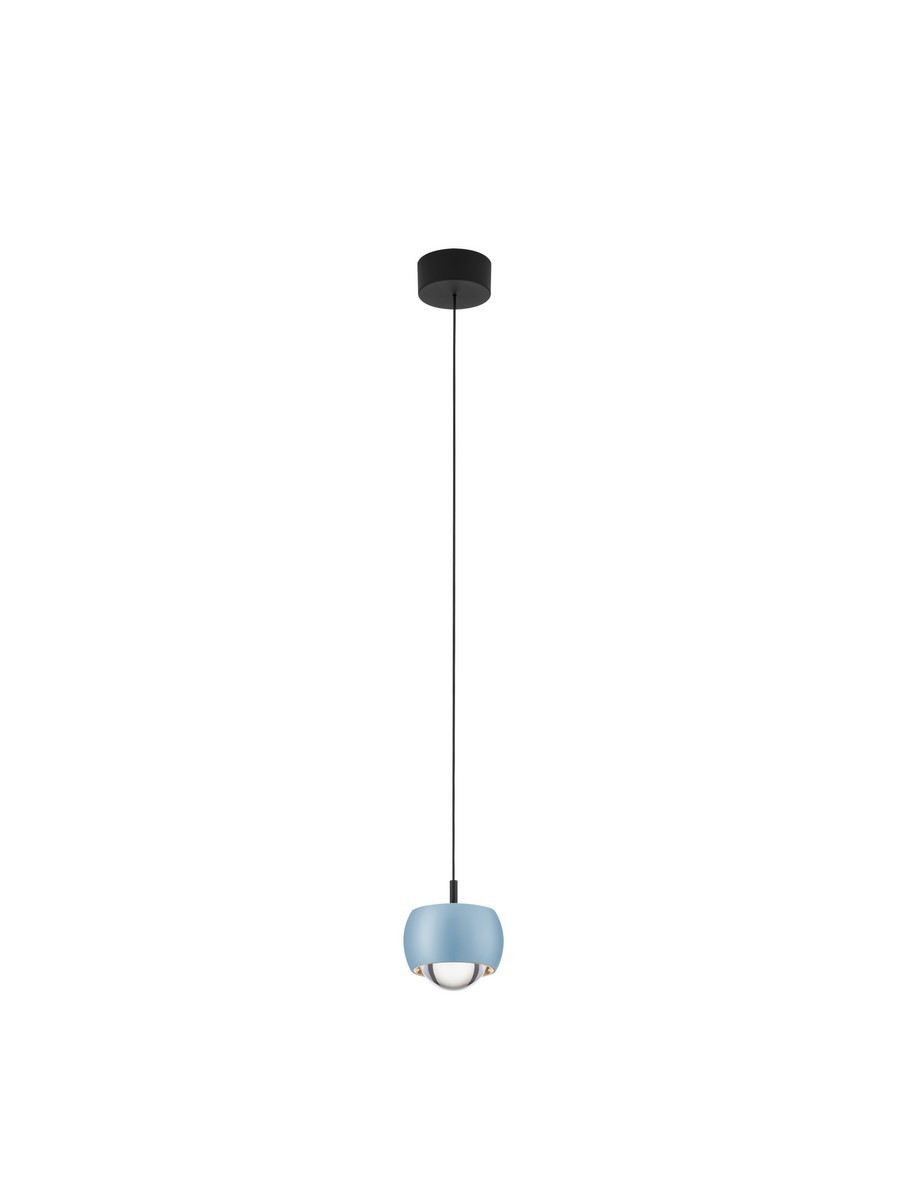 Lampa wisząca Lima 1xLED 13W w kolorze błękitnym, z szklanym kloszem i czarnym mocowaniem. Produkt zawieszony na cienkim przewodzie, z minimalistycznym designem, idealny do nowoczesnych wnętrz.