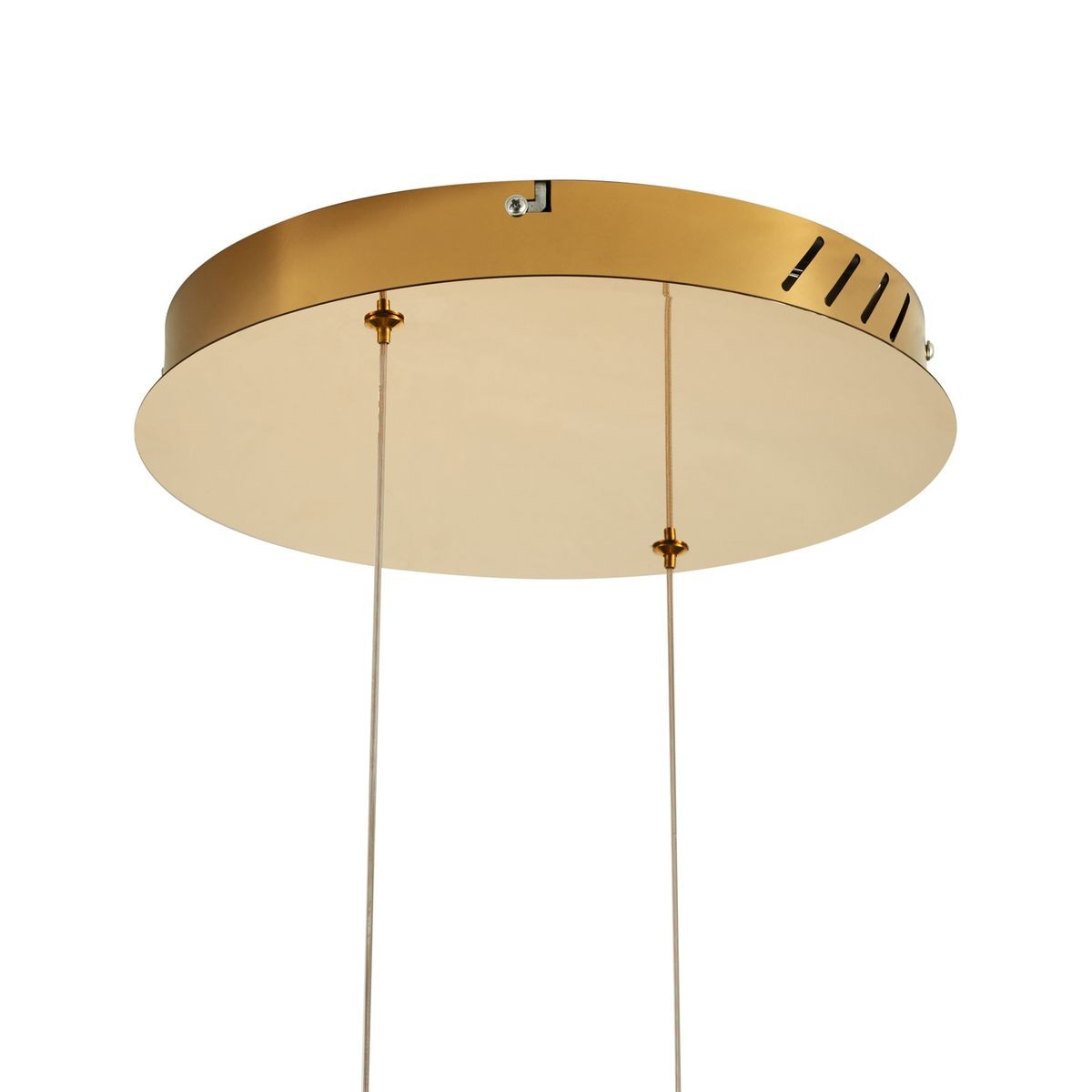 Lampa wisząca Circle 60+80 w złotym połysku, z pilotem, posiada okrągłą, metalową podstawę z przezroczystymi linkami. U góry widoczne otwory wentylacyjne. Wymiary: 60x80 cm. Idealna do nowoczesnych wnętrz.