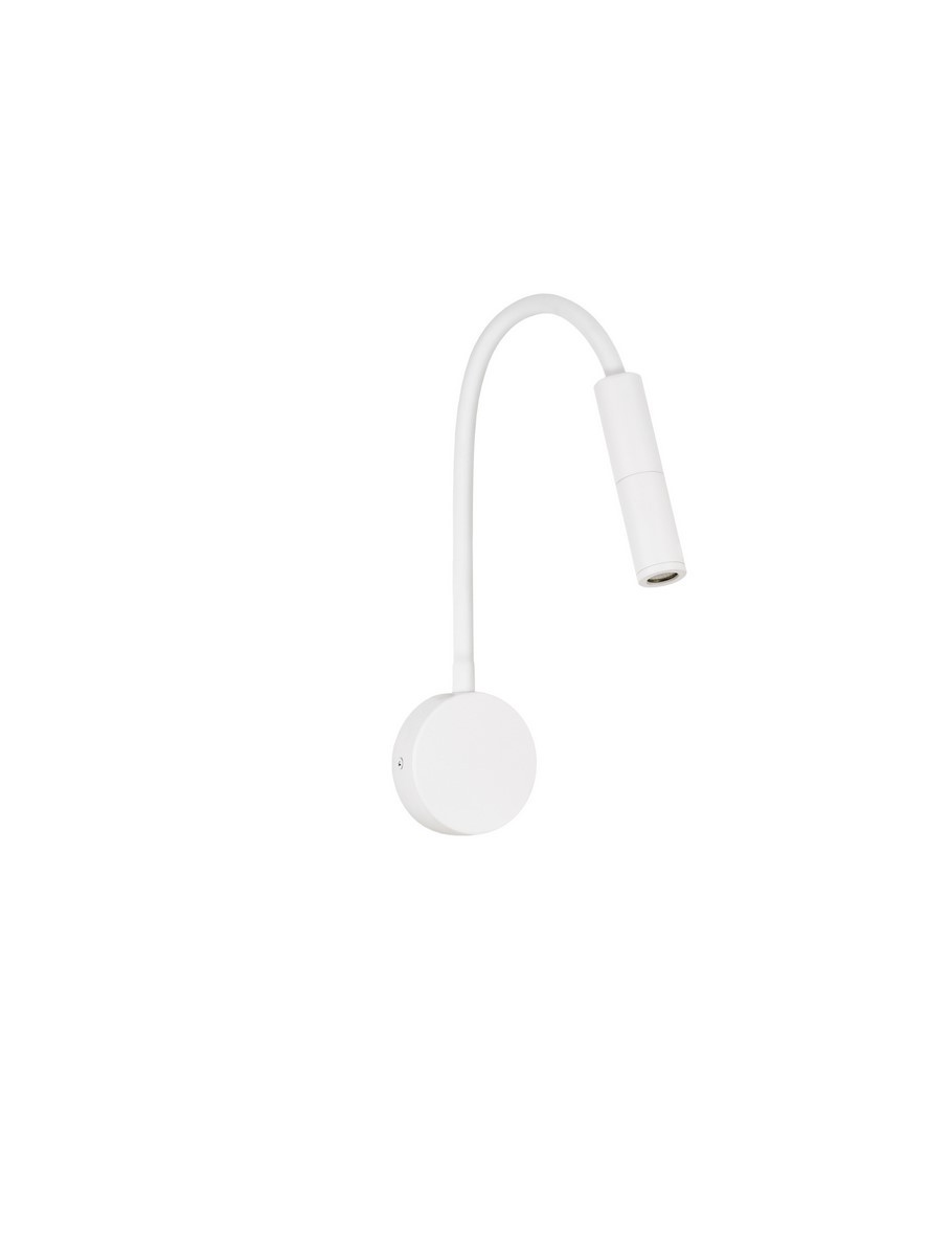 Biały kinkiet Viru z elastycznym ramieniem, montowany na ścianie. Posiada jedno źródło światła LED o mocy 6W. Prosta, okrągła podstawa i minimalistyczny design. Ujęcie frontalne, na jednolitym tle.