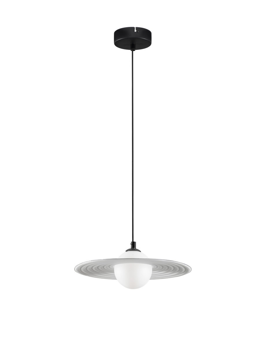 Lampa wisząca Funes w kolorze czarnym z białym kloszem, o okrągłym kształcie z dekoracyjnym pierścieniem. Zawieszona na cienkim przewodzie, z gniazdem G9. Prosta forma, idealna do nowoczesnych wnętrz.