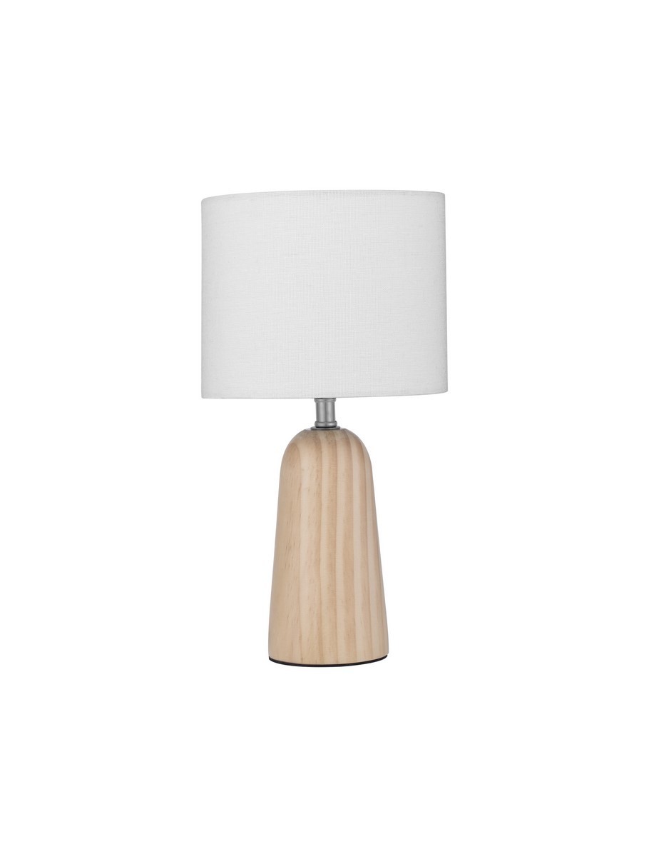 Lampa stołowa Muzquiz z jasnego drewna, z cylindrycznym kloszem w kolorze białym. Ujęcie frontalne, stojąca, z metalowym gniazdem E27. Niewidoczne detale mocowania. Prosta, elegancka forma, na jasnym tle.