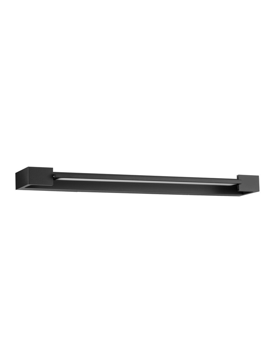 Kinkiet Justo 1xLED 17W w kolorze czarnym, o prostokątnym kształcie, montowany na ścianie. Wykonany z matowego materiału, prezentuje minimalistyczny design. Widoczna jest jedna lampa LED wbudowana w konstrukcję. Tło jednolite, białe.