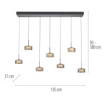 Lampa wisząca Rika z 7 źródłami LED, czarny dymiony klosz, metalowa konstrukcja. Wymiary: długość 135 cm, wysokość regulowana od 50 do 180 cm, szerokość 31 cm. Klosze mają prostokątny kształt z przezroczystymi bokami.