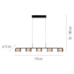 Lampa wisząca Rika z pięcioma źródłami LED o mocy 42W. Czarny dymiony klosz, okrągły kształt o średnicy 15 cm, zawieszona na regulowanych linkach. Wymiary: długość 119 cm, wysokość 50-180 cm. Elegancki design, idealna do nowoczesnych wnętrz.
