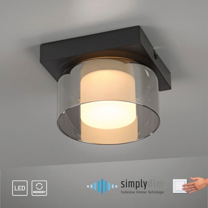 Lampa sufitowa LED Rika 4,5W w kolorze czarnym z dymionym kloszem. Okrągły, przezroczysty klosz osłania białą żarówkę. Zamontowana na kwadratowej, czarnej podstawie. Widoczna technologia ściemniania simply dim.