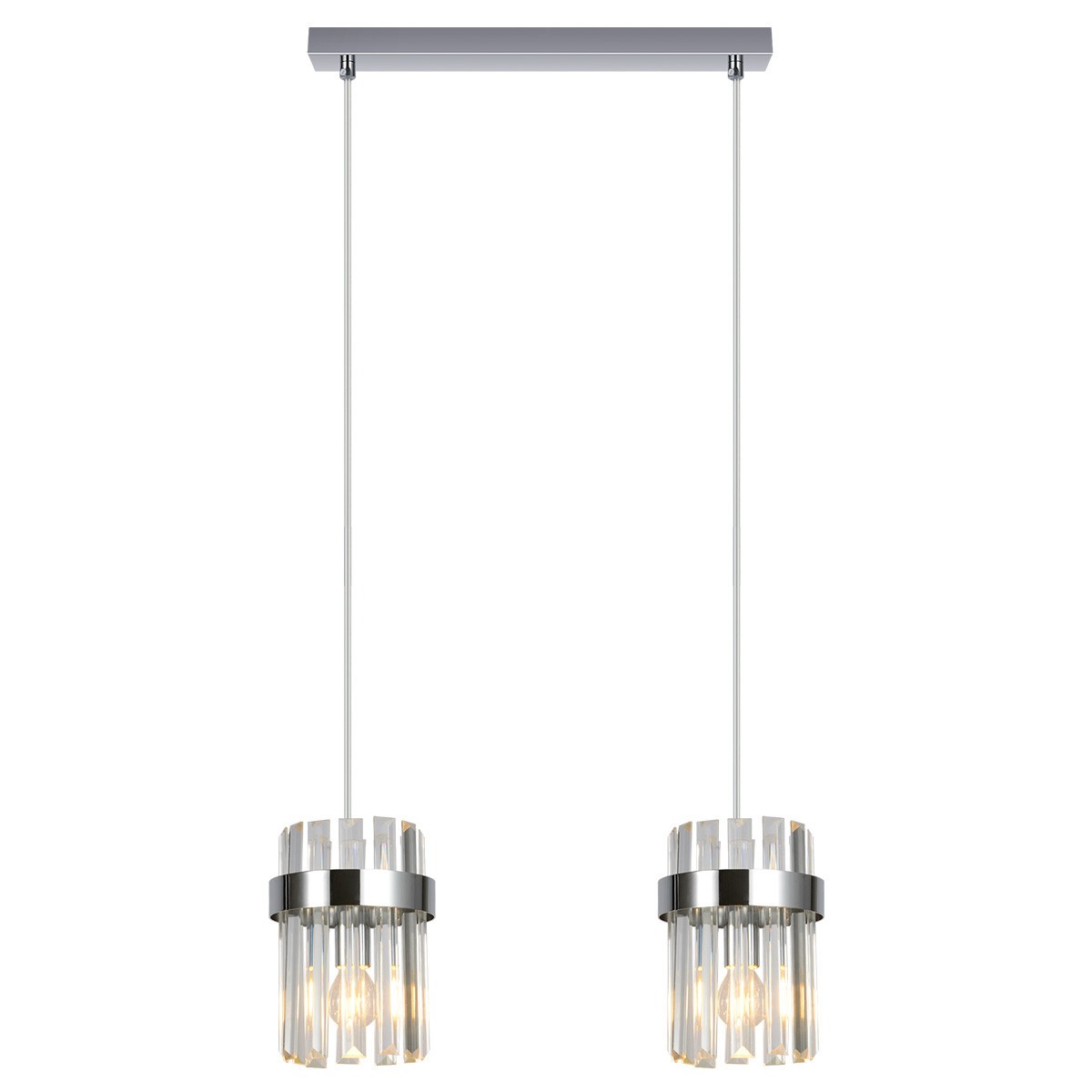 Wisząca lampa Vetro z dwoma kloszami na żarówki E14, chromowana, z przezroczystymi elementami. Klosze w kształcie cylindrów, zawieszone na cienkich linkach, montowane na prostokątnej podstawie. Białe tło podkreśla elegancki design lampy.