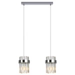 Wisząca lampa Vetro z dwoma kloszami na żarówki E14, chromowana, z przezroczystymi elementami. Klosze w kształcie cylindrów, zawieszone na cienkich linkach, montowane na prostokątnej podstawie. Białe tło podkreśla elegancki design lampy.