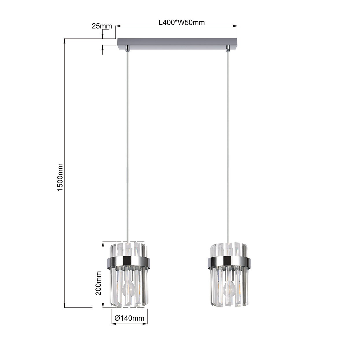 Lampa wisząca Vetro LP-2910/2L CH z dwoma kloszami, chromowana, z przezroczystym kloszem o średnicy 140 mm. Długość zawieszenia 1500 mm, szerokość 50 mm, wysokość 200 mm. Prosty design, idealna do nowoczesnych wnętrz.