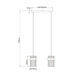 Lampa wisząca Vetro 2xE14 w chromowanym wykończeniu, zawieszona na dwóch cienkich linkach. Okrągłe klosze o średnicy 140 mm, wysokość 200 mm. Górna część prostokątna, wymiary 400x50 mm, całkowita długość 1500 mm. Idealna do nowoczesnych wnętrz.