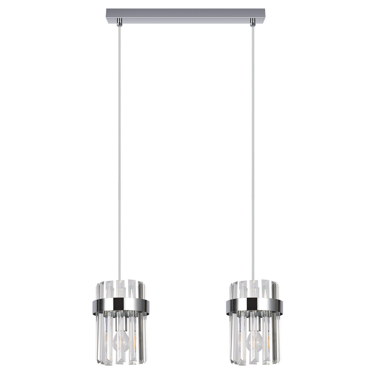 Lampa wisząca Vetro LP-2910/2L CH z dwoma kloszami, wykonana z przezroczystego szkła i chromowanego metalu. Klosze w kształcie cylindrów z poziomymi szczelinami, zawieszone na cienkich linkach. Całość montowana do sufitowej podstawy w kolorze chromu.