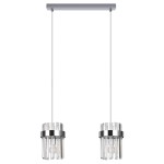 Lampa wisząca Vetro LP-2910/2L CH z dwoma kloszami, wykonana z przezroczystego szkła i chromowanego metalu. Klosze w kształcie cylindrów z poziomymi szczelinami, zawieszone na cienkich linkach. Całość montowana do sufitowej podstawy w kolorze chromu.