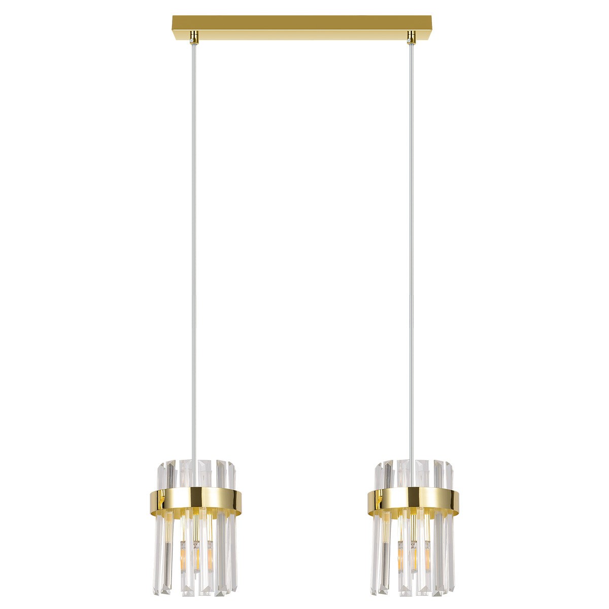 Lampa wisząca Vetro z dwoma kloszami, kolor złoty, z przezroczystymi elementami. Klosze mają okrągły kształt z pionowymi szczelinami, zawieszone na cienkim, białym przewodzie. Montaż na złotej, prostokątnej podsufitce.