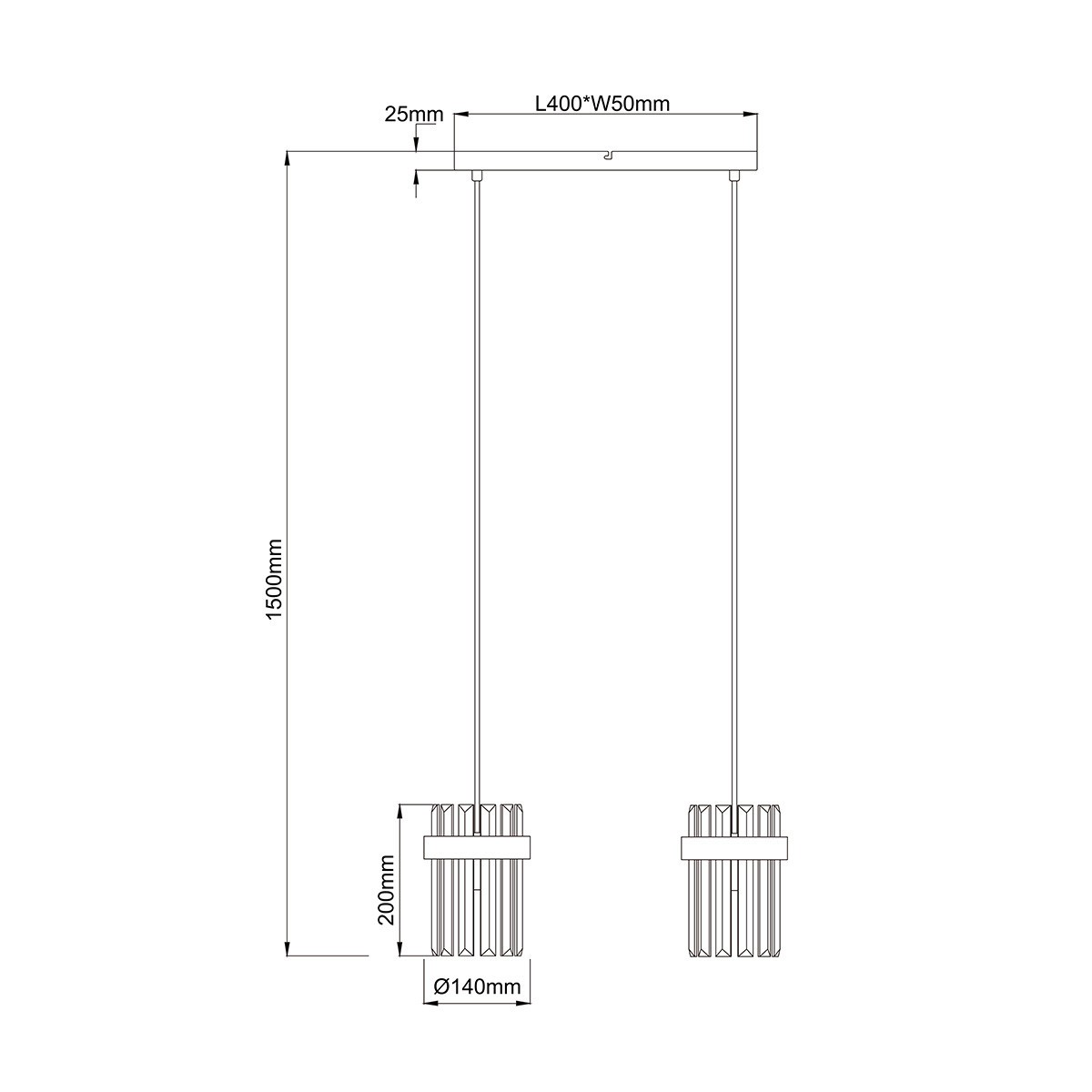 Lampa wisząca Vetro z dwoma oprawami E14 w złotym kolorze. Wymiary: długość 400 mm, szerokość 50 mm, wysokość 1500 mm. Dwa klosze o średnicy 140 mm, zawieszone na cienkich linkach, o prostym, nowoczesnym designie.