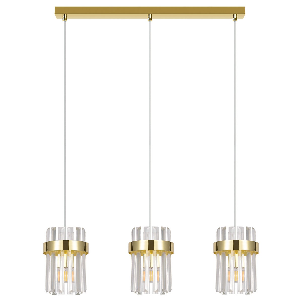 Lampa wisząca Vetro 3xE14 w kolorze złotym, z trzema szklanymi kloszami o prostokątnym kształcie. Klosze zawieszone na cienkich, białych linkach, umocowane do złotej podstawy. Idealna do nowoczesnych aranżacji wnętrz.