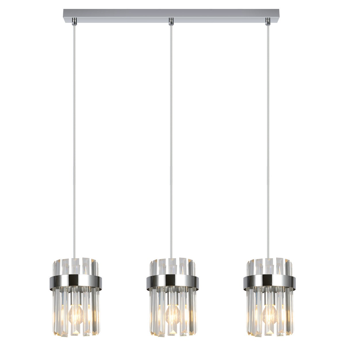 Lampa wisząca Vetro 3xE14 w kolorze chromu z trzema szklanymi kloszami w formie cylindrów. Klosze mają przezroczystą, teksturowaną powierzchnię, zawieszone na cienkich linkach. Metalowy stelaż montowany do sufitu.
