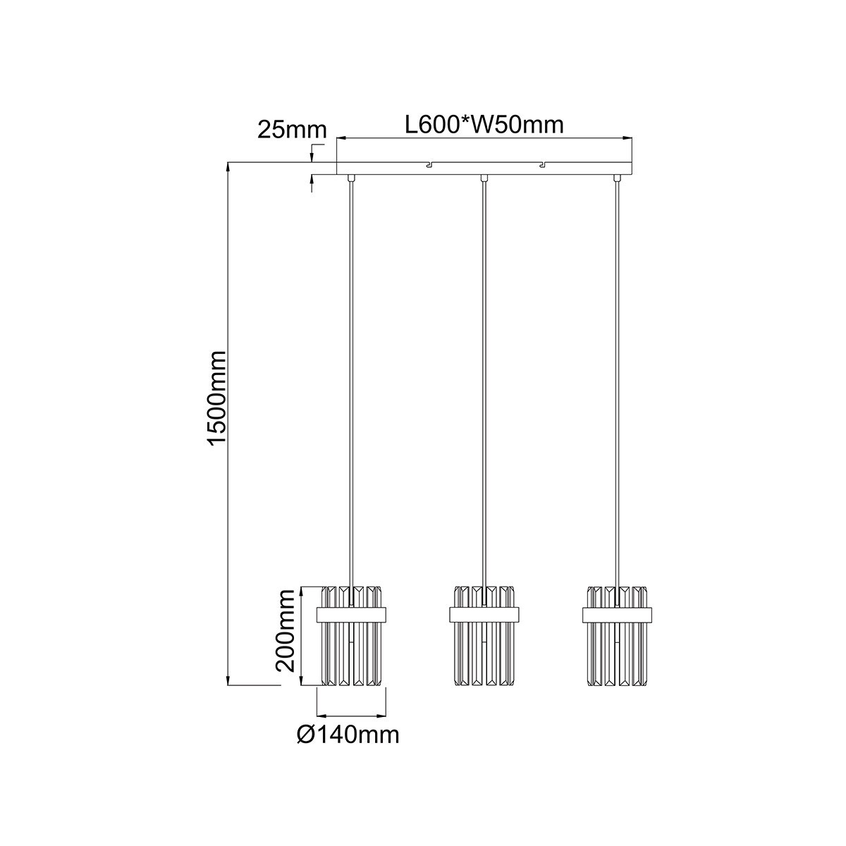 Lampa wisząca Vetro 3xE14 w chromowanym wykończeniu. Składa się z trzech kloszy o średnicy 140 mm, zawieszonych na dwóch linkach. Wymiary: długość 600 mm, szerokość 50 mm, wysokość 1500 mm. Przeznaczona do montażu sufitowego.