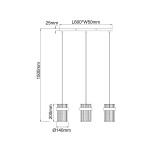 Lampa wisząca Vetro 3xE14 w chromowanym wykończeniu. Składa się z trzech kloszy o średnicy 140 mm, zawieszonych na dwóch linkach. Wymiary: długość 600 mm, szerokość 50 mm, wysokość 1500 mm. Przeznaczona do montażu sufitowego.