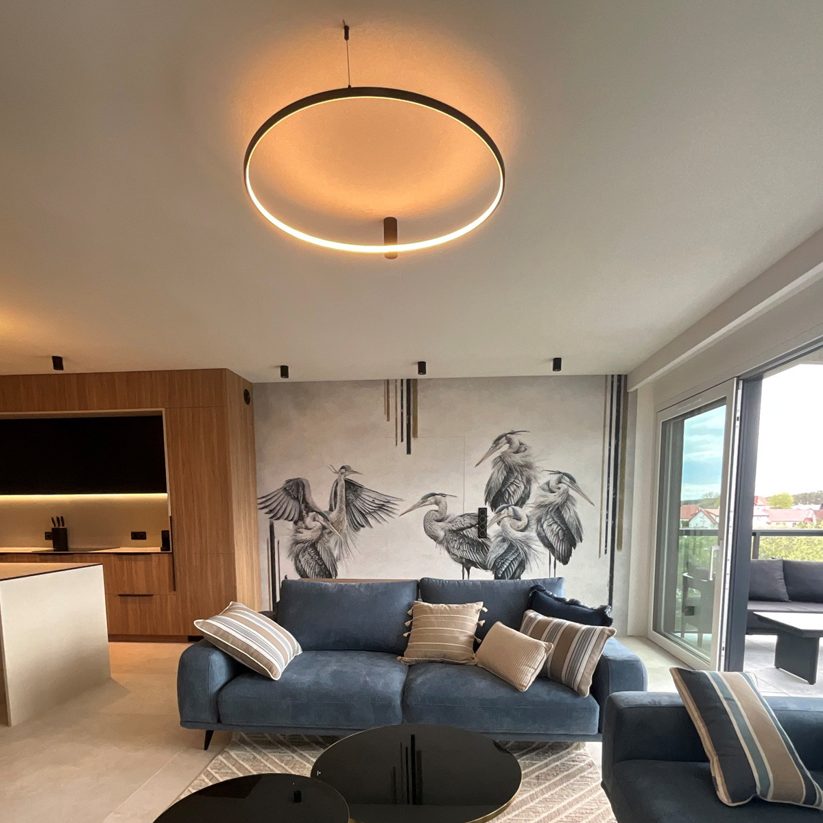 Czarna lampa sufitowa LED Ring D60 o mocy 35W, zawieszona na cienkim przewodzie, emituje okrągłe, ciepłe światło. Widoczna w nowoczesnym wnętrzu z niebieską sofą i muralem przedstawiającym ptaki.