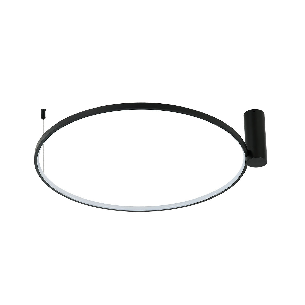 Czarna lampa sufitowa LED Ring D90 o mocy 50W, w kształcie okręgu. Widoczna metalowa konstrukcja z jednego boku oraz transparentna krawędź, zawieszona na cienkim przewodzie. Tło białe, co podkreśla minimalistyczny design.