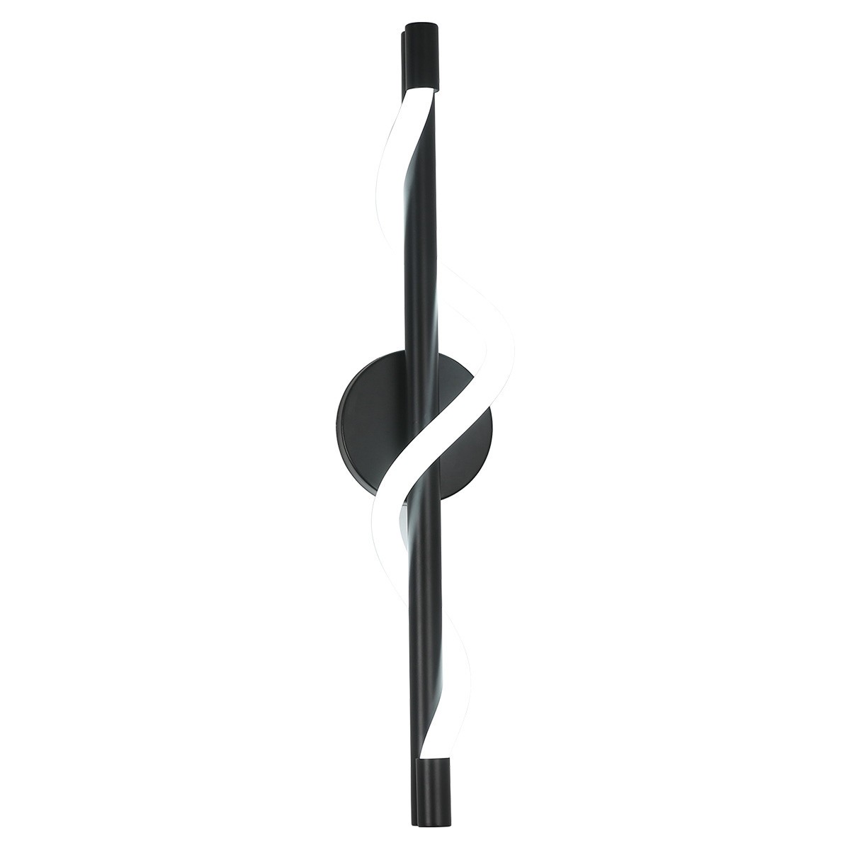 Kinkiet LED Meleca 12W CCT w kolorze czarnym, z prostą, spiralną formą. Metalowa podstawa w kształcie okręgu z białym, elastycznym światłem. Zainstalowany w pozycji pionowej, na białym tle, bez dodatkowych elementów dekoracyjnych.
