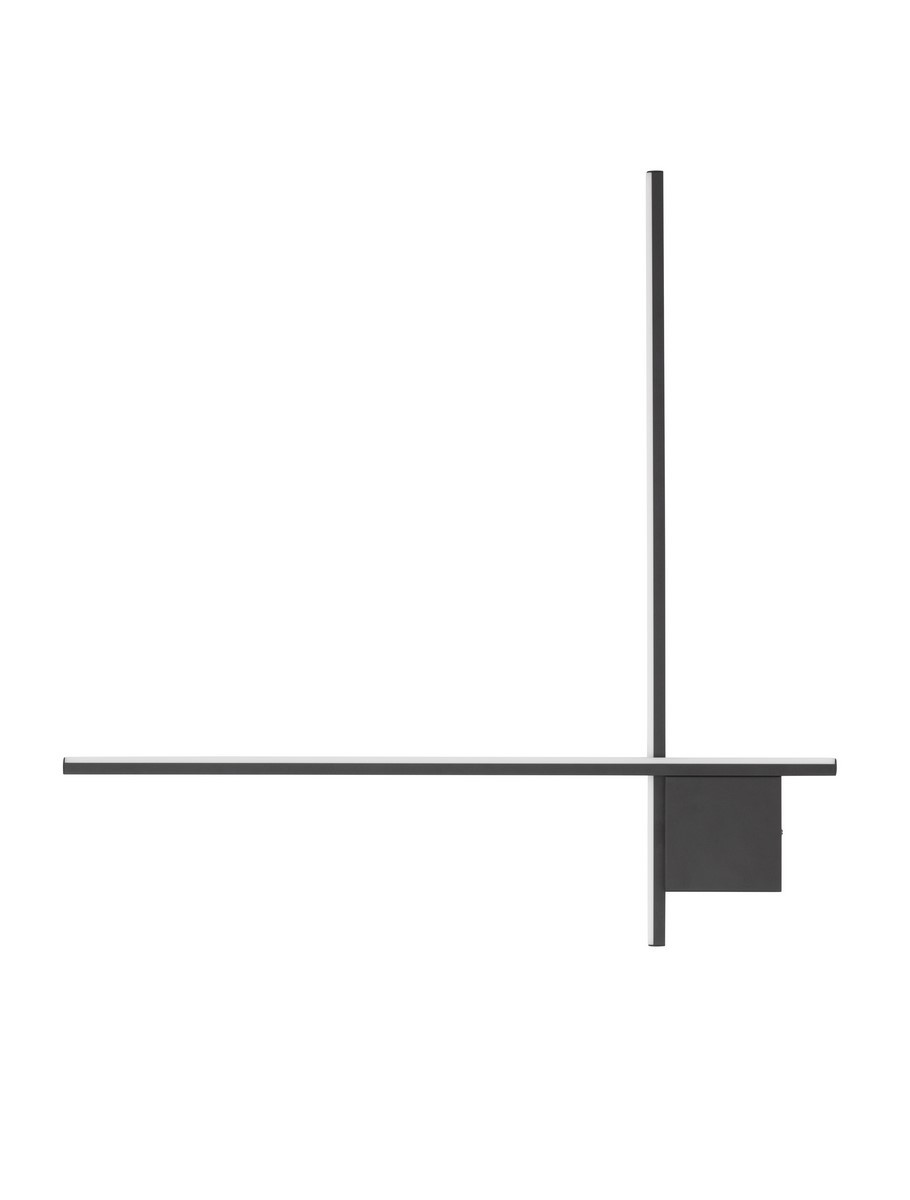 Kinkiet Chota 1xLED 21W w kolorze czarnym, o nowoczesnym, minimalistycznym designie. Posiada prostokątny korpus oraz poziomy i pionowy element świetlny. Zamontowany na ścianie, widok z boku, na jednolitym tle.