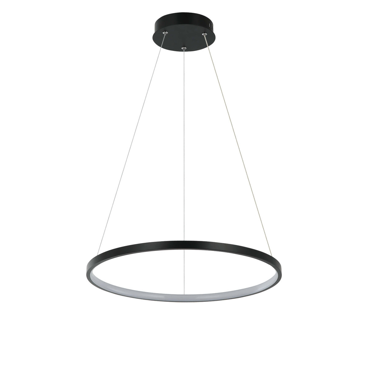 Lampa wisząca LED Ring D40 o średnicy 40 cm, w kolorze czarnym z matowym wykończeniem. Posiada okrągły kształt z białym kloszem, zawieszona na cienkich linkach. Umożliwia regulację barwy światła (CCT) i moc 24W.