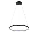 Lampa wisząca LED Ring D40 o średnicy 40 cm, w kolorze czarnym z matowym wykończeniem. Posiada okrągły kształt z białym kloszem, zawieszona na cienkich linkach. Umożliwia regulację barwy światła (CCT) i moc 24W.