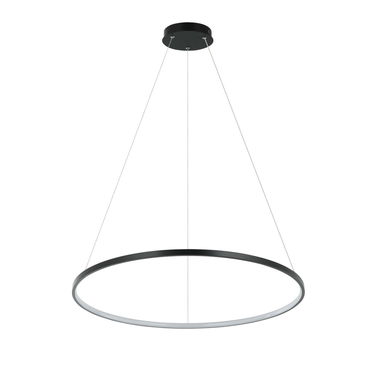 Lampa wisząca LED Ring D66 o mocy 40W, czarna, w kształcie okręgu. Zawieszona na cienkich linkach, z widocznym metalowym mocowaniem sufitowym. Oświetlenie ma funkcję zmiany temperatury barwowej (CCT).