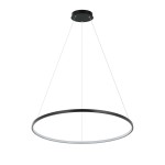 Lampa wisząca LED Ring D66 o mocy 40W, czarna, w kształcie okręgu. Zawieszona na cienkich linkach, z widocznym metalowym mocowaniem sufitowym. Oświetlenie ma funkcję zmiany temperatury barwowej (CCT).