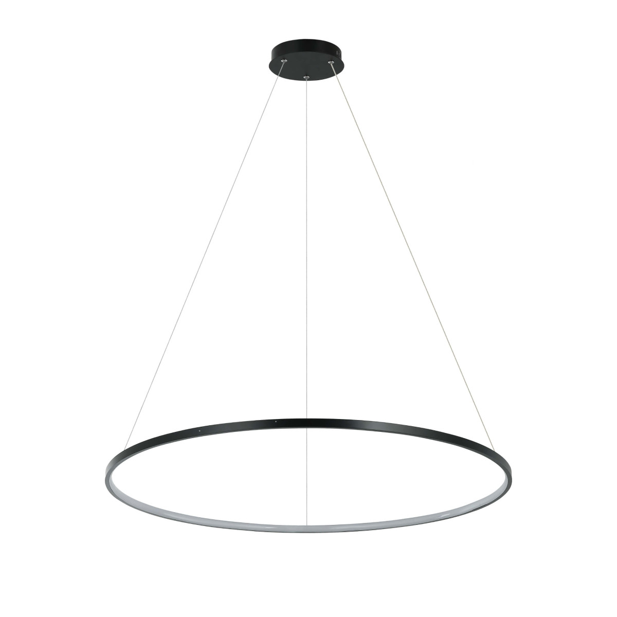 Lampa wisząca LED Ring D80 o średnicy 80 cm, w kolorze czarnym. Posiada okrągły kształt, zawieszona na cienkich linkach. Wyposażona w źródło światła o mocy 48W z możliwością zmiany temperatury barwowej.