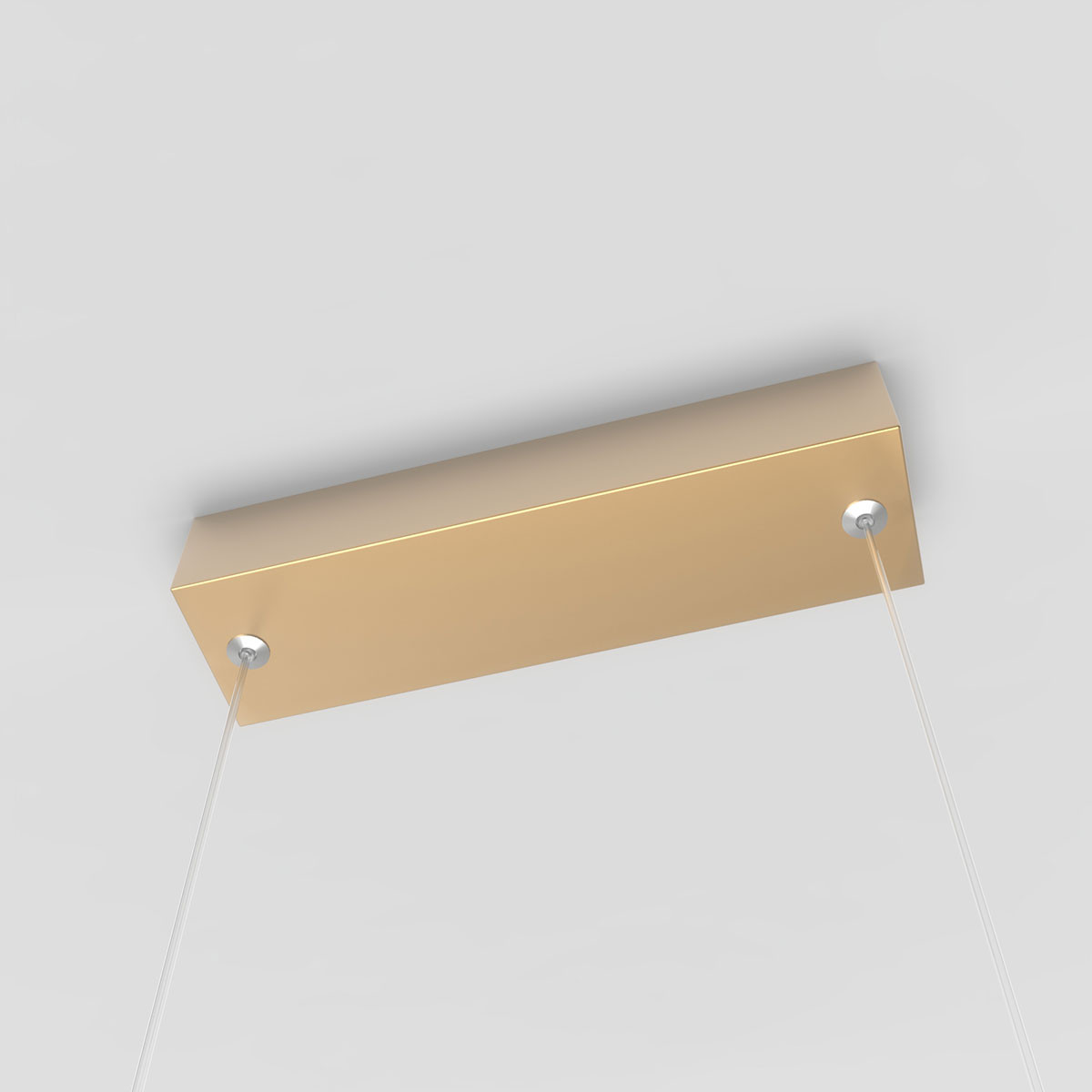 Lampa wisząca LED Mirror D90 o mocy 50W, w kolorze złotym. Posiada prostokątną, matową obudowę oraz przezroczyste zawieszenia. Zainstalowana na suficie, idealna do nowoczesnych wnętrz. Klasa ochrony IP44.