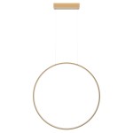 Lampa wisząca LED Mirror D90 o okrągłym kształcie, złota oprawa, zawieszona na cienkich linkach. Wydajność 50W, klasa IP44, możliwość zmiany temperatury barwowej. Prosta konstrukcja na białym tle.