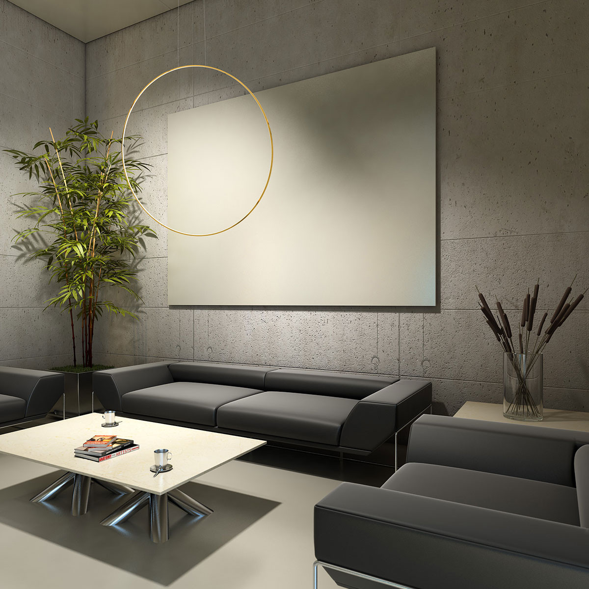 Lampa wisząca LED Mirror D60 o mocy 35W, w złotym kolorze, zawieszona w minimalistycznym wnętrzu. Okrągły kształt, IP44, umieszczona nad eleganckim stołem. W tle betonowa ściana i roślinność, tworząca nowoczesny klimat.
