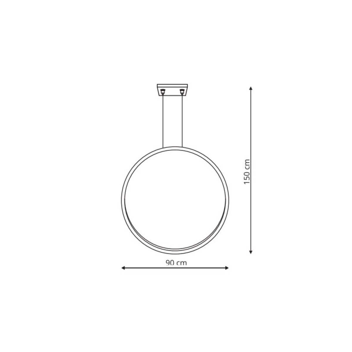 Lampa wisząca LED Mirror D60 o średnicy 90 cm i wysokości 150 cm, z złotą oprawą. Posiada źródło światła 35W oraz klasę szczelności IP44. Ujęcie frontalne, pokazujące kształt okrągły oraz mocowanie sufitowe.