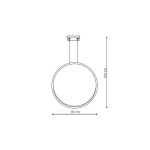 Lampa wisząca LED Mirror D60 o średnicy 90 cm i wysokości 150 cm, z złotą oprawą. Posiada źródło światła 35W oraz klasę szczelności IP44. Ujęcie frontalne, pokazujące kształt okrągły oraz mocowanie sufitowe.