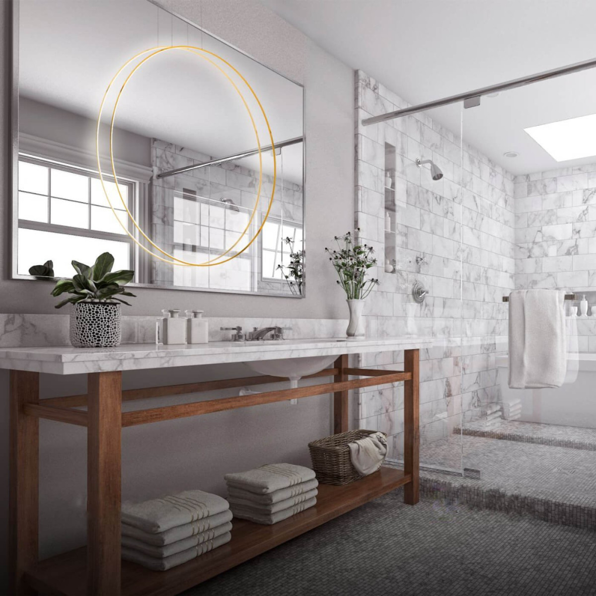 Lampa wisząca LED D60 o mocy 35W w złotym kolorze, zamontowana nad lustrem w łazience. Widoczna na tle marmurowych płytek, z białą umywalką i drewnianą półką. W tle rośliny doniczkowe i ręczniki.