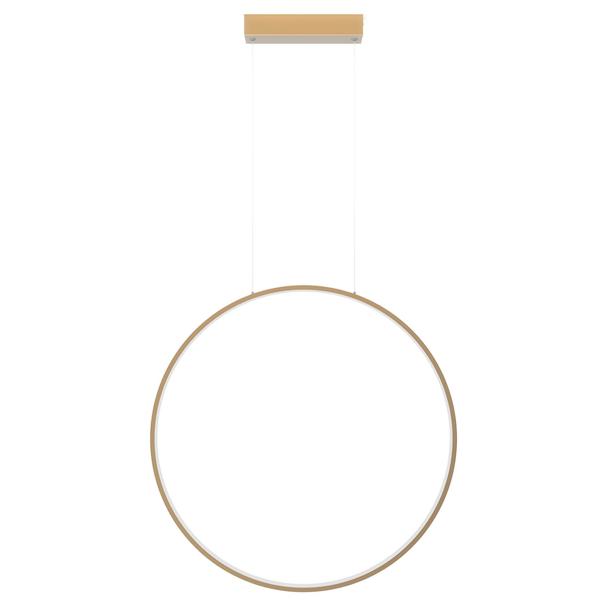 Lampa wisząca LED Mirror D60 o okrągłym kształcie, z złotą ramą i białym źródłem światła. Zawieszona na dwóch cienkich linkach, montowana do sufitu. IP44, 35W, z możliwością zmiany temperatury barwowej. Prosty design na jasnym tle.