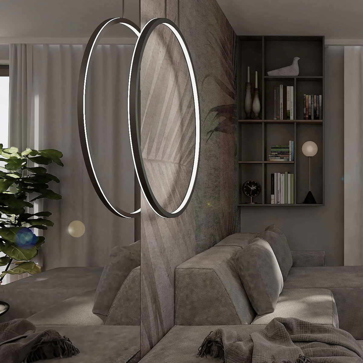 Lampa wisząca LED Mirror D60 o mocy 35W w kolorze czarnym, z dwoma okrągłymi elementami, zawieszona nad szaro-beżową sofą. W tle widoczne półki z książkami oraz roślina w doniczce. Wysoka klasa ochrony IP44.