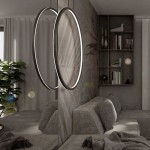 Lampa wisząca LED Mirror D60 o mocy 35W w kolorze czarnym, z dwoma okrągłymi elementami, zawieszona nad szaro-beżową sofą. W tle widoczne półki z książkami oraz roślina w doniczce. Wysoka klasa ochrony IP44.