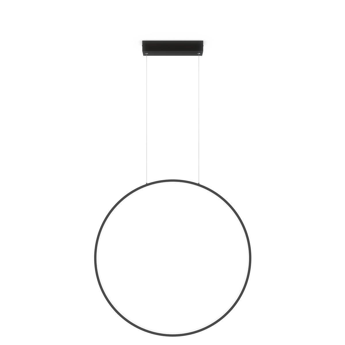 Lampa wisząca LED Mirror D60 z czarnym okrągłym kloszem, zawieszona na dwóch cienkich linkach. Posiada moc 35W, klasę ochrony IP44 oraz regulację temperatury barwowej CCT. Montaż na suficie, minimalistyczny design na białym tle.