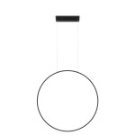 Lampa wisząca LED Mirror D60 z czarnym okrągłym kloszem, zawieszona na dwóch cienkich linkach. Posiada moc 35W, klasę ochrony IP44 oraz regulację temperatury barwowej CCT. Montaż na suficie, minimalistyczny design na białym tle.