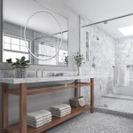 Lampa wisząca LED Mirror D90 o mocy 50W, z białym okrągłym kloszem, zawieszona nad umywalką w nowoczesnej łazience. W tle marmurowe ściany i drewniana półka z ręcznikami. Wymiary lampy zapewniają równomierne oświetlenie.
