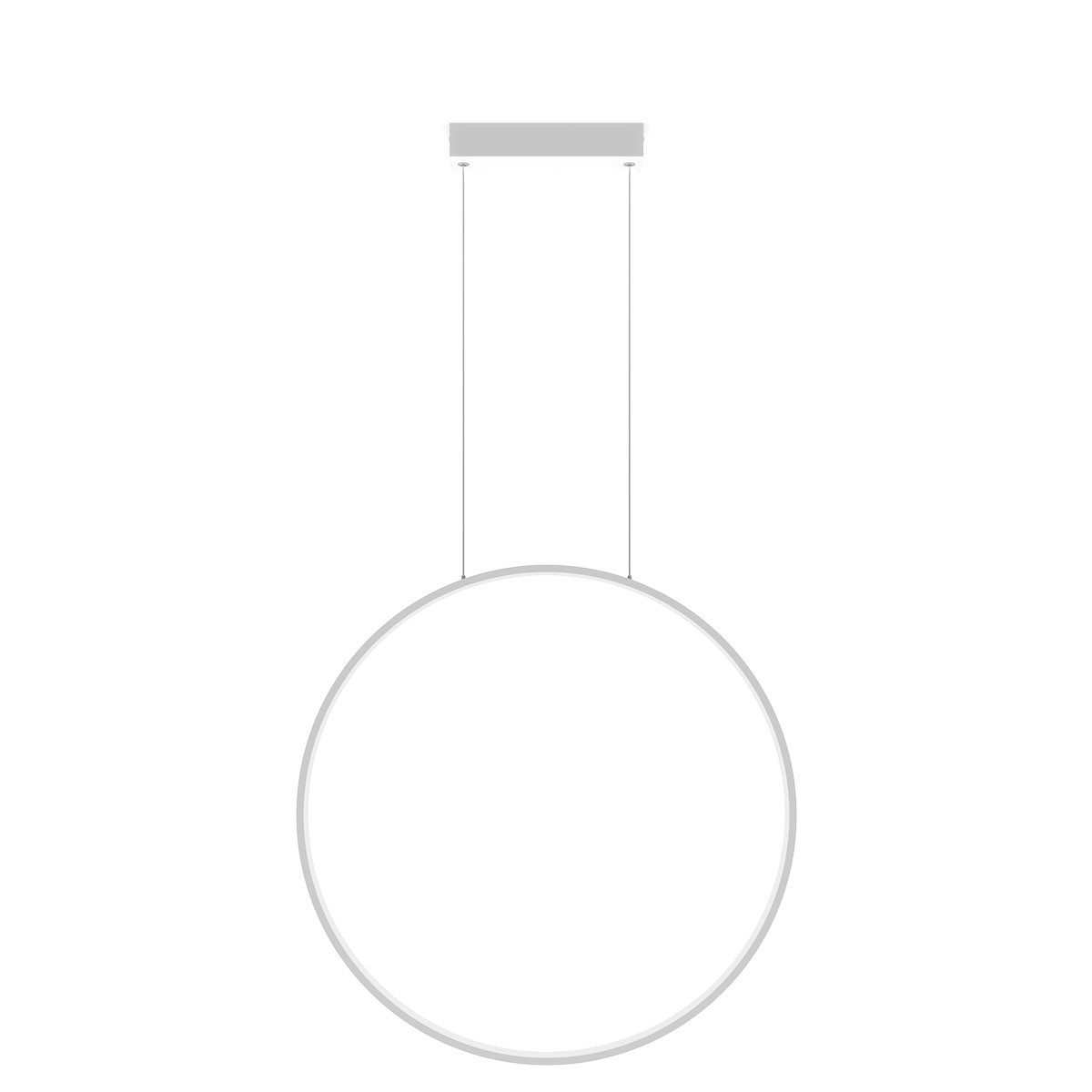Lampa wisząca LED Mirror D90 o okrągłym kształcie, biała, z mocowaniem sufitowym. Posiada dwa cienkie przewody podtrzymujące. Oświetlenie o mocy 50W, stopień ochrony IP44, zmienna temperatura barwowa (CCT).